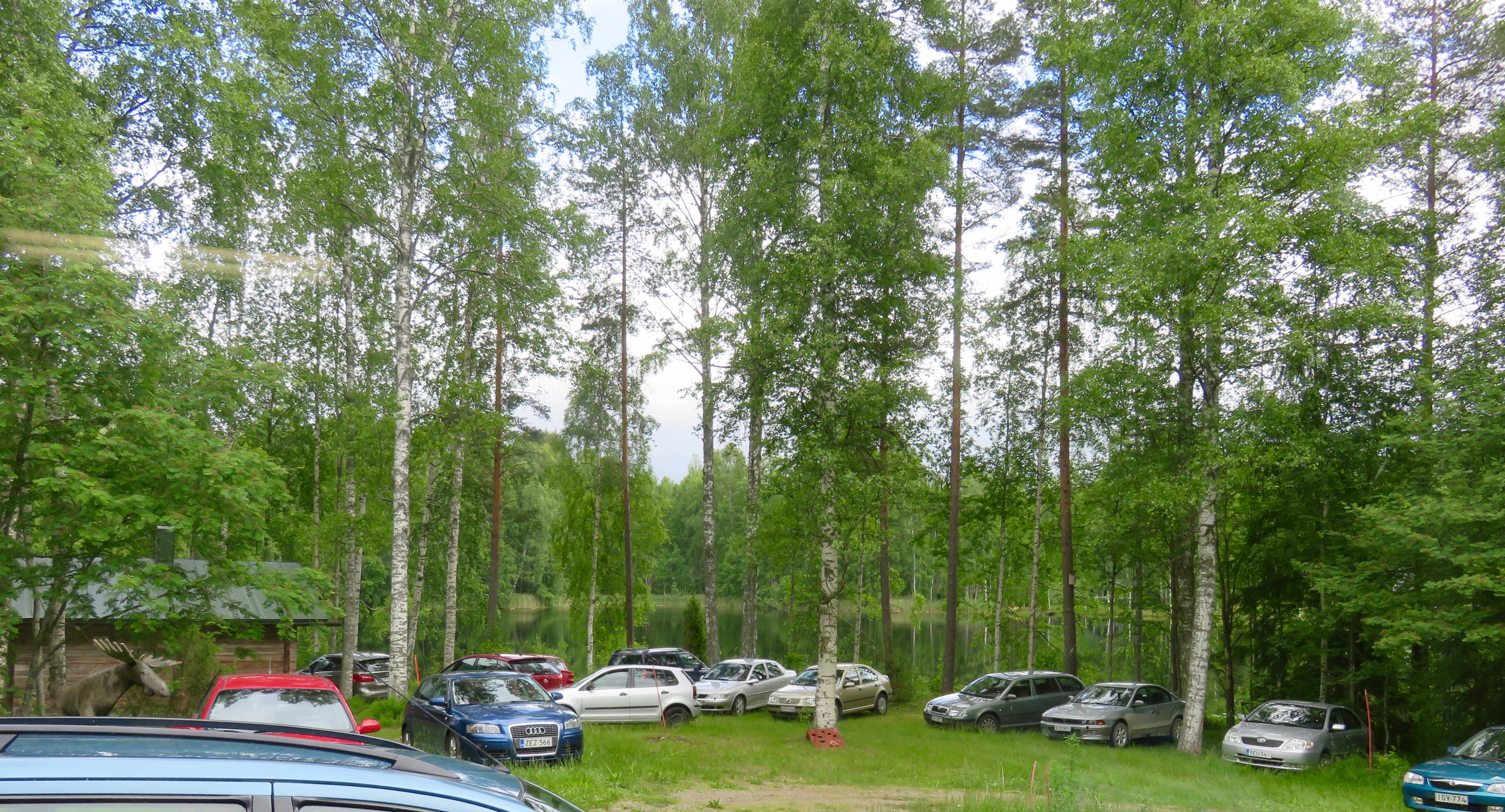 Lammen rannalle parkkeerattu autoja.