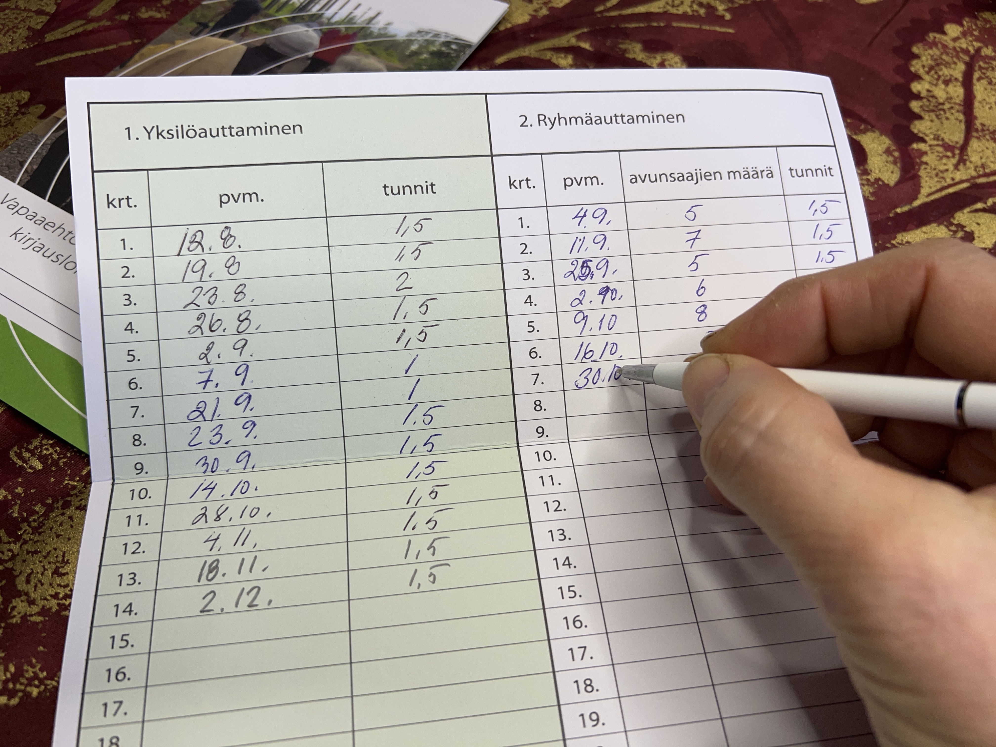 Vapaaehtoisen kirjauslomake. Täyttäjän käsi ja kynä näkyvät kaavakkeella.