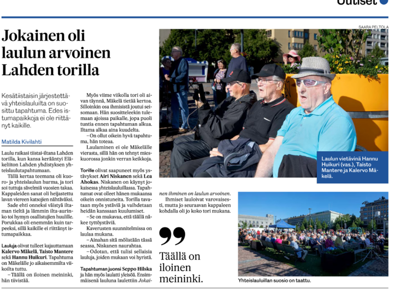 Etelä-Suomen Sanomat kertoo yhteislauluillasta
