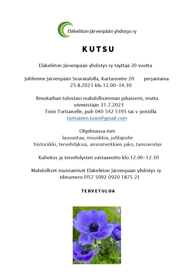 Kutsu 20-v juhlaan 25.8.2023