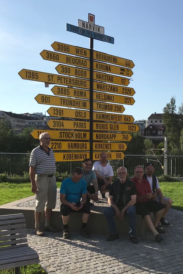 Motoristit Narvikin kohtauspaikka, jossa viitat ja kilometrimäärät joka puolelle maailmaa