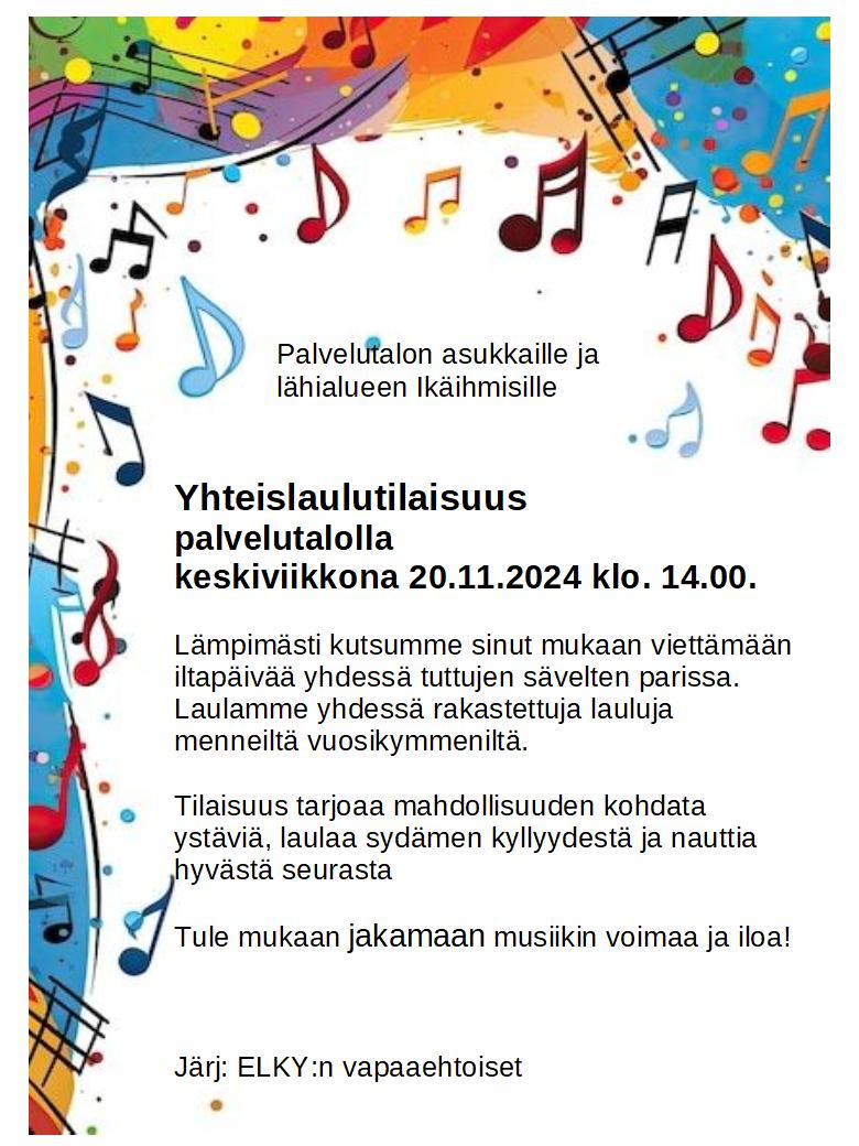 Yhteislaulua palvelutalolla 20.11. klo 14