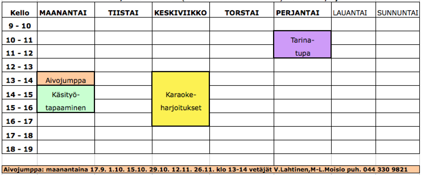 viikkokalenteri harrastuskerhoita s-2018