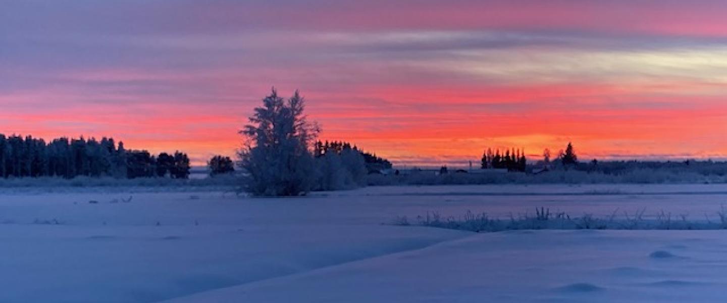 Punertava taivas peltojen yllä