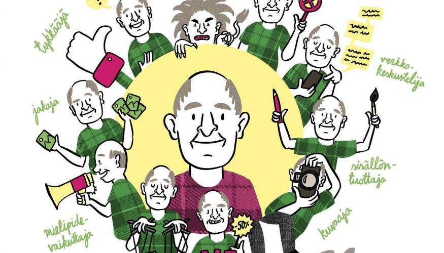 Piirroskuva ikäihmisestä monissa mahdollisissa rooleissa sosiaalisen median foorumeilla