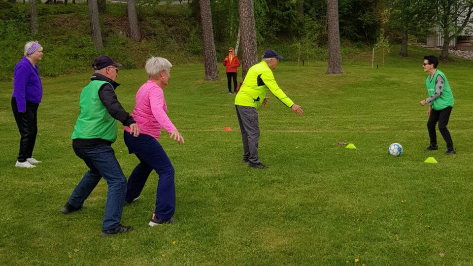 Ryhmä naisia ja miehiä pelaa nurmikolla kävelyjalkapalloa.